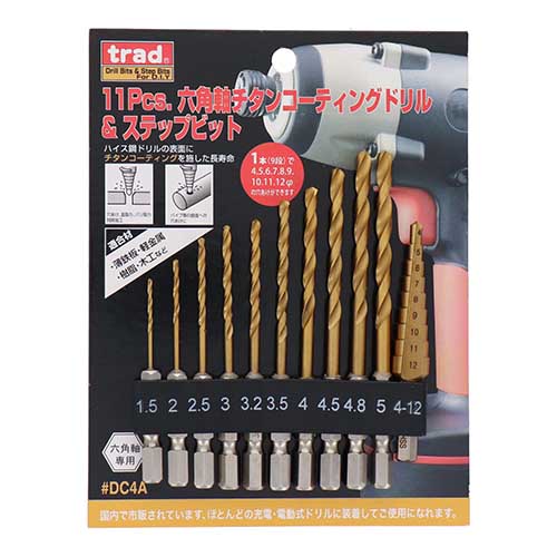 trad 11pcs.六角軸チタンコーティングドリル&ステップビット DC4A