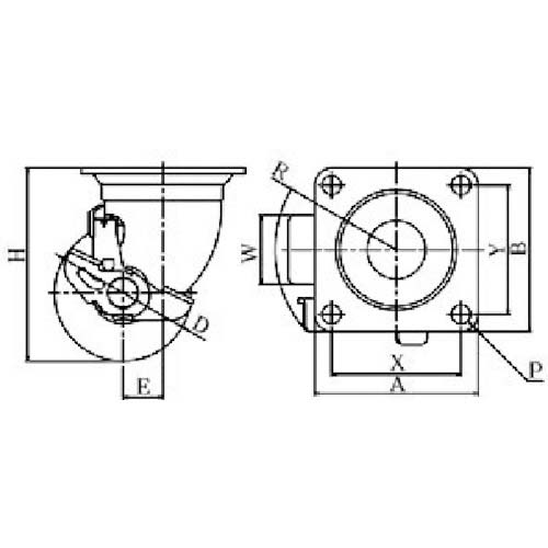 ユーエイ プレート式 自在 低床キャスター 強化ナイロン 車輪径50mm ストッパー付き Hタイプ HG-S型 取付寸法50×50 HG-50GNBS