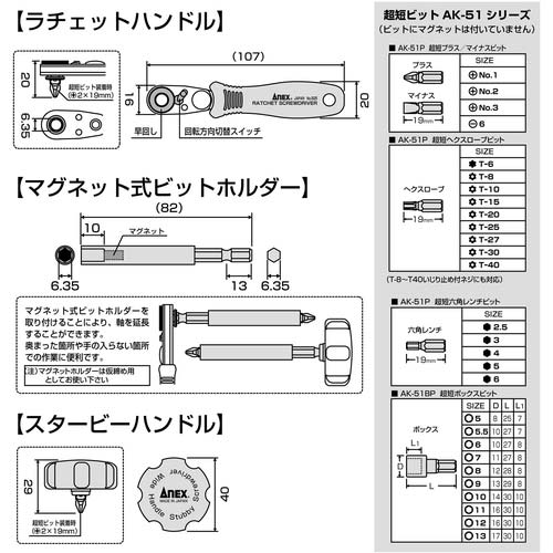 アネックス コンパクトラチェット52 ビット28本組 525-28B