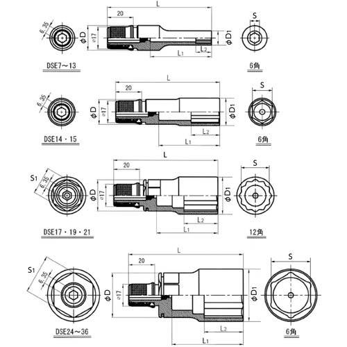 スーパー 電ドル用ソケットビット(着脱式) プロスペック 36×6.35mm DSE36