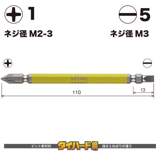 VESSEL 剛彩ビット 2本組 (両頭コンビ) +1/-5×110mm GS141511