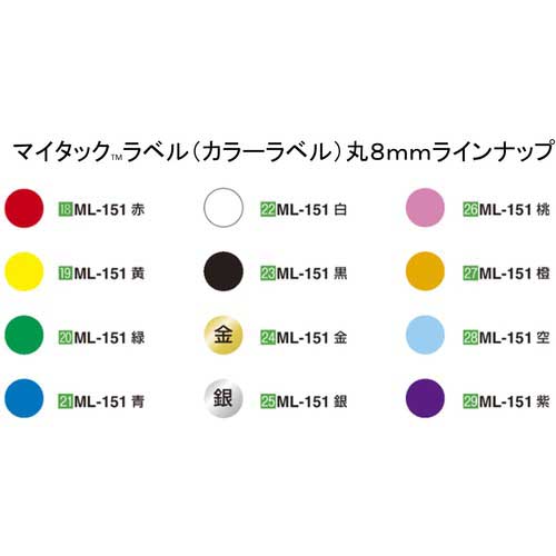 ニチバン　マイタックラベル（カラーラベル）ML-151緑　黄　桃　円型・小 ニチバン マイタックラベル(カラーラベル)ML-151緑 丸8mm ML-1513の