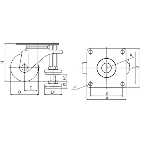 ユーエイ プレート式 自在 アジャスター付キャスター グレーナイロン 車輪径60mm AFタイプ SGW-AF型 取付寸法75×75 SGW-60GN-AF