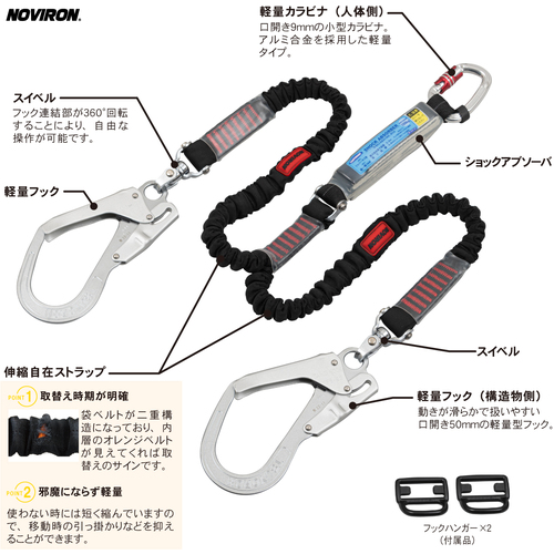 藤井電工 ツヨロン フルハーネス用ランヤード ツインランヤード 伸縮式ノビロン(BK) THL-2-NV93SV-21KS-2R23-BP
