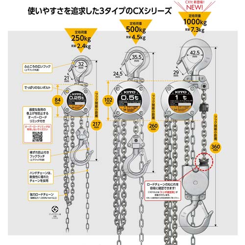KITO 手動チェーンブロック CX形 定格荷重1000kg 揚程2.5m ハンドチェーン2.5m 小型・軽量 【選べる定格荷重】 CX010L