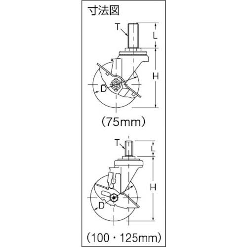 ハンマー ねじ込み式 旋回式ゴムキャスター 125mm ストッパー付 413SA-R125