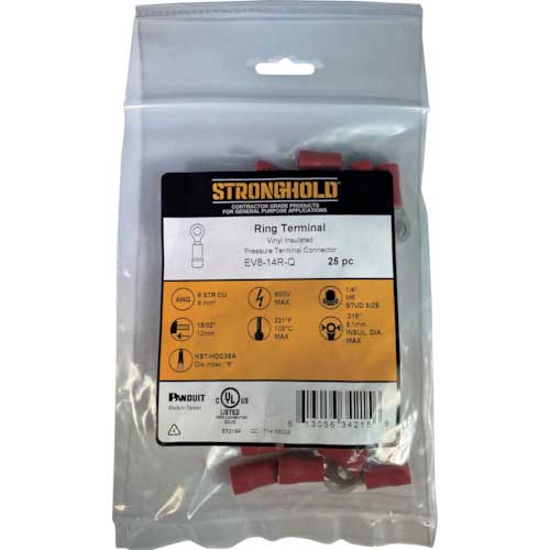ストロングホールド ビニール絶縁被覆付圧着端子(丸形) 電線サイズ:AWG8/8sq 取付ネジ:M6 25個入り EV8-14R-Q