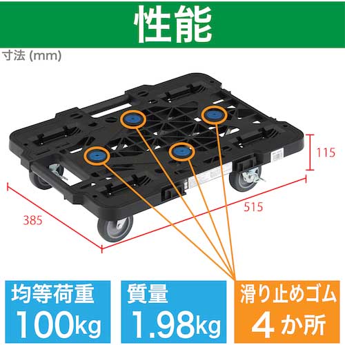 TRUSCO 樹脂製平台車 ルートバンメッシュタイプ 515X385 4輪自在 ストッパー付 黒 MPK-500JS-BK