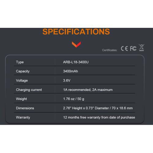 FENIX リチウムイオン専用充電電池 ARB-L18-3400U