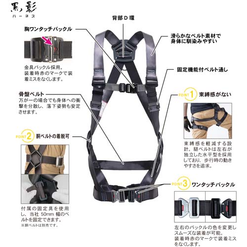 藤井電工 ツヨロン 黒影ハーネス ツインランヤード付き ロック機構付き巻取式ワン・ハンドリトラ ダークグレー Sサイズ TH5042OH93SVOTDGS2R23JANBX