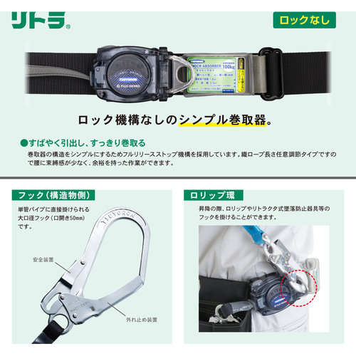 藤井電工 ツヨロン 胴ベルト型墜落制止用器具(巻取タイプ)ロック機構なし リトラ 黒 Mサイズ 幅50MM×長さ1200MM TB-RN-590-BLK-M-BP