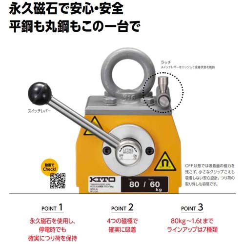 KITO スーパーマグ KRD形 使用荷重 平鋼1000kg 丸鋼750kg(Φ300) 永久磁石・リフティングマグネット【選べる使用荷重】KRD100 KRD100