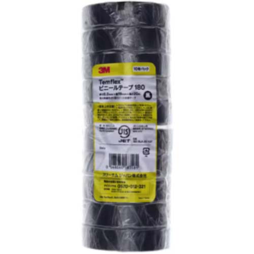 3M Temflex(テムフレックス) ビニールテープ 180 ブラック 19mm x 20m 10巻入り BLA 20 10P