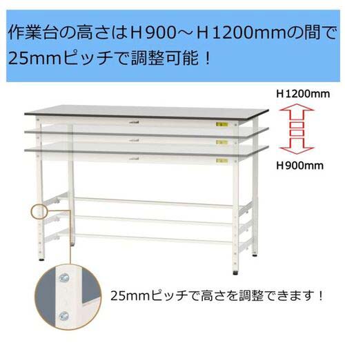 ヤマテック ワークテーブル150シリーズ 高さ調整タイプ 半面棚板付 RoHS2指令対応塩ビシート天板 W1800×D600×H900〜H1200mm SURAH-1860T-GYW