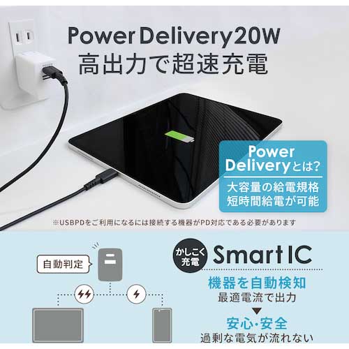 【廃番】Owltech コンパクト&高出力 しかも2台同時充電 USB Type-C & Type-A搭載ACアダプター OWL-APD20C1A1-WH
