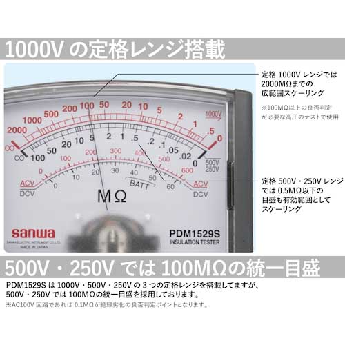 SANWA アナログ絶縁抵抗計 1000V/500V/250V PDM1529S