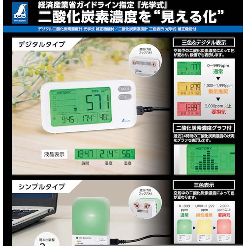 シンワ デジタル二酸化炭素濃度計 光学式 補正機能付 78977