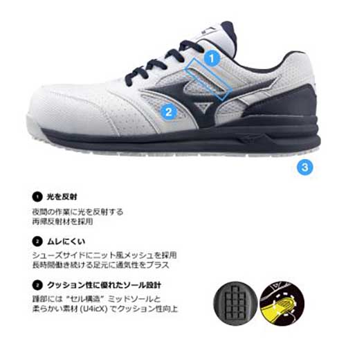 ミズノ オールマイティ LSII 22L 安全靴 ライトグレー×ホワイト 26.0 F1GA210105