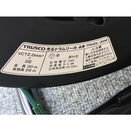TRUSCO 光るドラムリール 防雨防塵型100V 温度センサー付 アース付 過負荷漏電保護兼用ブレーカー付 30m TRHDL-30M