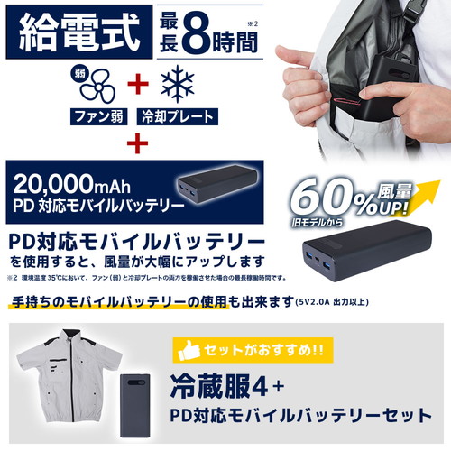 【2025年度完売】サンコー 圧倒的に冷える「冷蔵服4 半袖」 シルバーグレーフリーサイズ バッテリーセット TKWE25SGYSP