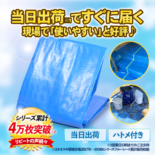 【アウトレット】現場市場 ブルーシート #4000 4.5m×4.5m (実寸4.3m×4.3m) OSK-BS40-4545