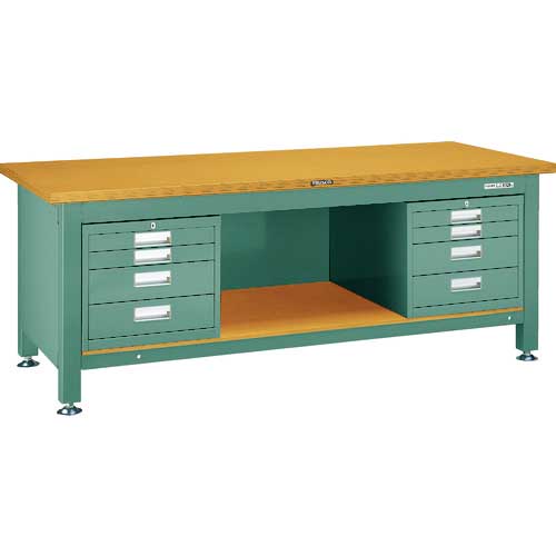 TRUSCO 重荷重作業台(3000kg)TWZ型 1800X900XH740 4段引出X2付 グリーン色 TWZ-1809D4D4