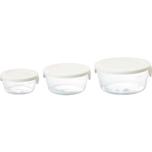 【廃番】HARIO 食品用容器 耐熱ガラス製保存容器丸3個セット(白) 容量:S300、M600、L1200ml SYTN-2518-OW