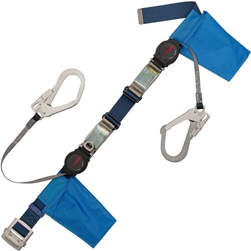 藤井電工 ツヨロン 胴ベルト型墜落制止用器具(巻取タイプ)ランヤード2丁掛け仕様 ロック機構付きワン・ハンドリトライト 紺 Mサイズ 幅50MM×長さ1200MM TB-2-ORL593-ORL5931-BL2-M-BX