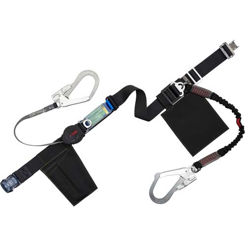 藤井電工 ツヨロン 胴ベルト型墜落制止用器具(巻取タイプ)補助ロープ2丁掛け仕様 ロック機構付きワンハンド+伸縮式補助ロープ 黒 幅50MM×長さ1600MM 130KG対応型 TBORL2OT593NVBLKBKLL130KGJANBP
